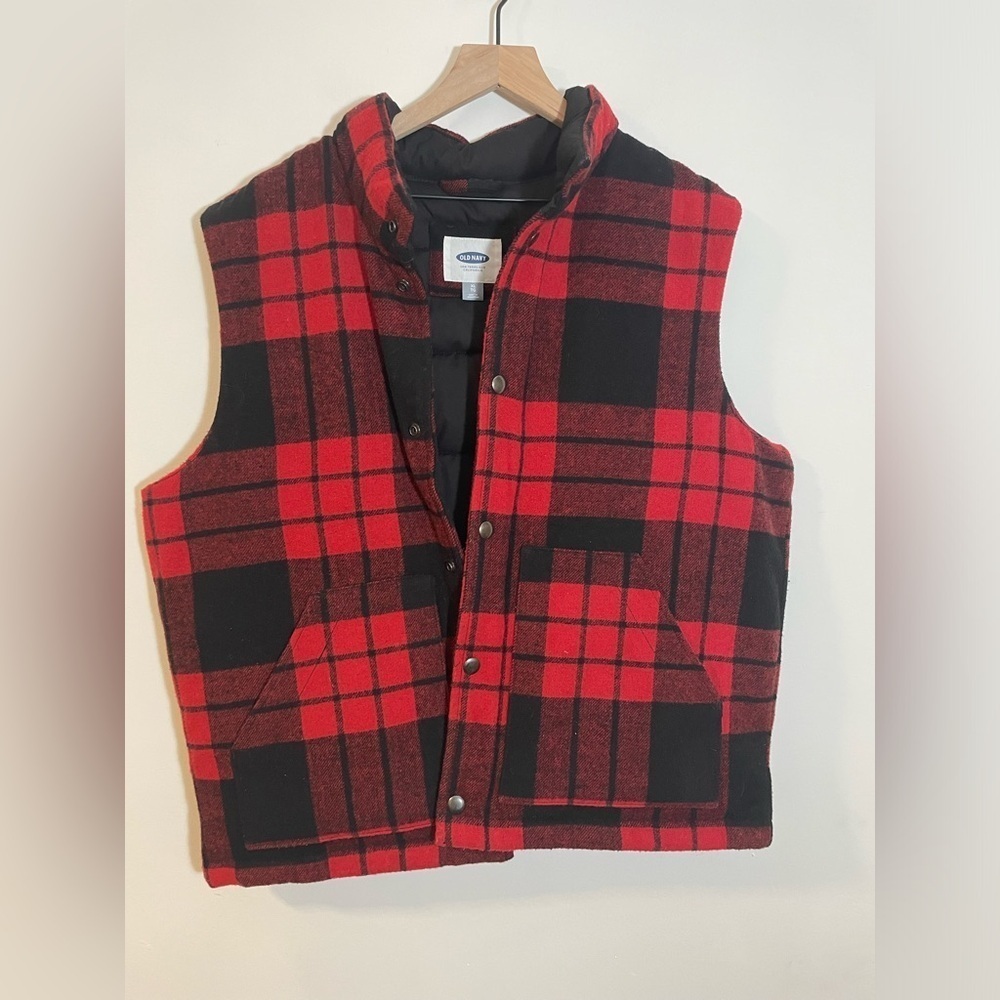 Old Navy Wool Blend Puffer Tartan Vest Men's XL Red Plaid Outdoors Lumberjack